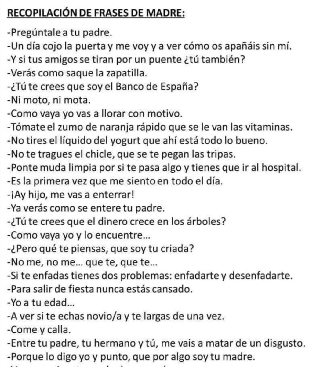 kenzi_mori's tweet photo. Antología de frases de madre:
"El día que menos lo esperéis, cojo la puerta
y me marcho".
De pequeño, pensaba que se iba a llevar la puerta.
¿Por qué coinciden todas las frases? ¿Son de procedencia genética? ¿Se las enseñan a todas en una academia secreta para madres? https://t.co/sQflxmhtoQ