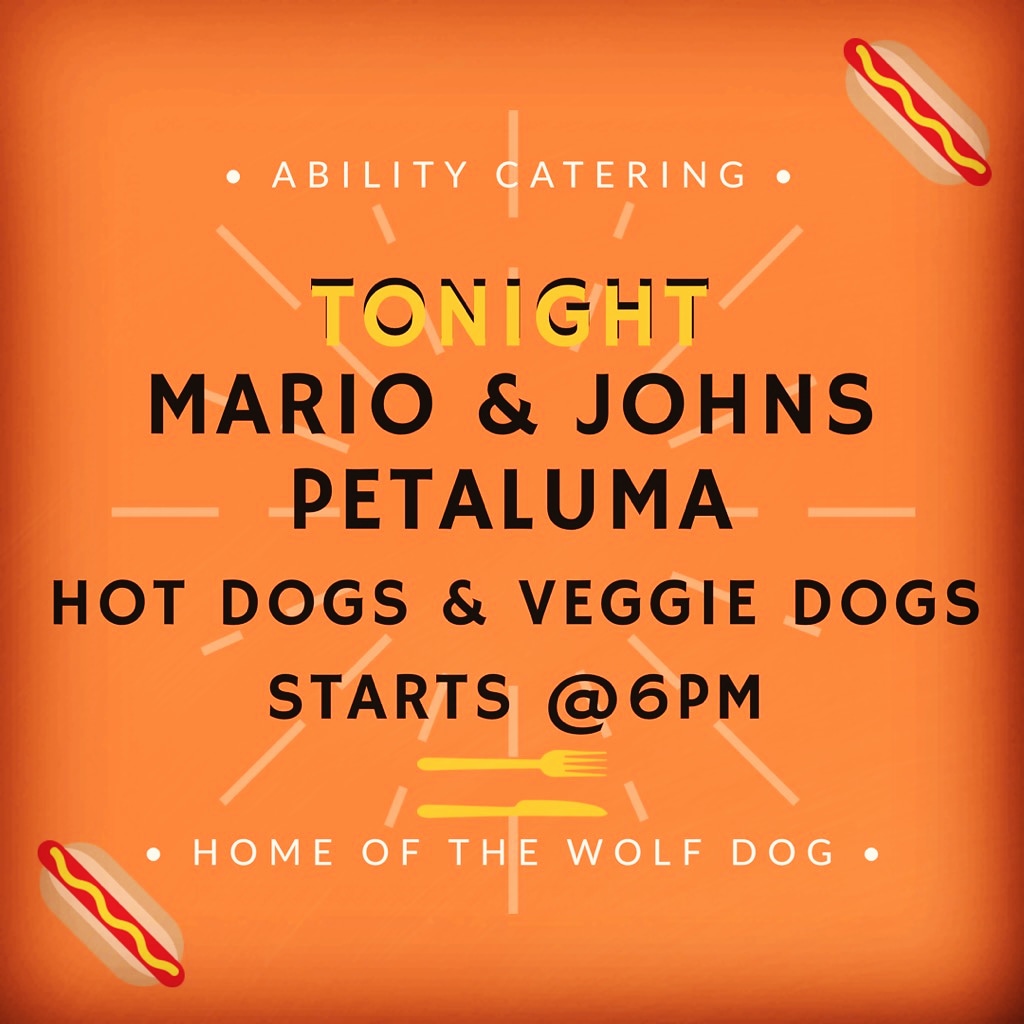 AbilityCatering's tweet photo. TONIGHT #hotdogs and #veggiedogs #petaluma 🌭❤😀 @marioandjohns on D Street #delicious lots of #toppings 
starts @ 6pm
Wolf's best dressed dogs are #organic grass fed 100% beef, come hungry satisfy your #cravings 🌭 Mmmmm #sonomacounty #foodtruck #food #foodie 
#catering https://t.co/7Wflk9gEEL