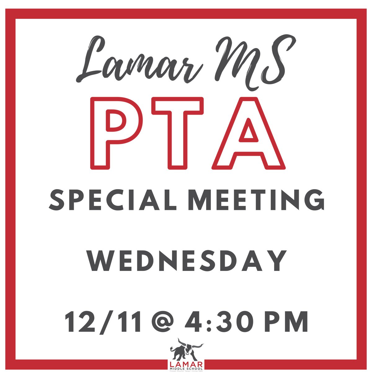 PtaLamarMS's tweet photo. 💥💥CALLING ALL LMS PTA MEMBERS💥💥

A special regular meeting is being called for next Wednesday at 4:30 PM the only business we are discussing is there a report from the financial reconciliation. PLEASE JOIN US. THANK YOU! https://t.co/9FJGvNKGyY