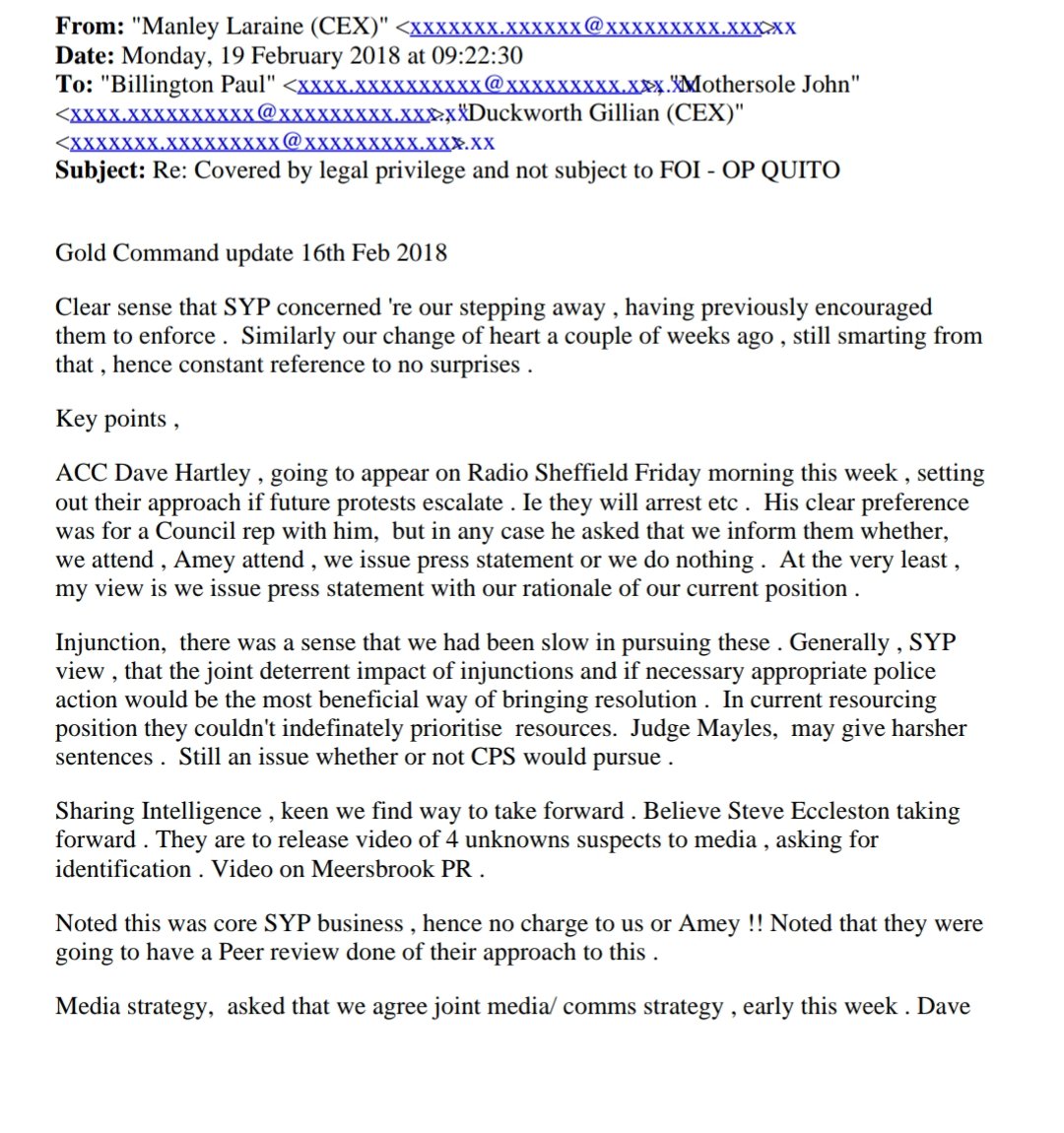 M_cakeman's tweet photo. Police assured Stag they would not pass protestor names to SCC to pursue for injunction breaches.
However, in a Gold Command meeting:
'Sharing Intelligence, keen we find way to take forward. Steve Eccleston taking fwd. They are to release video of 4 unknown suspects to media' https://t.co/agG2h2USdM