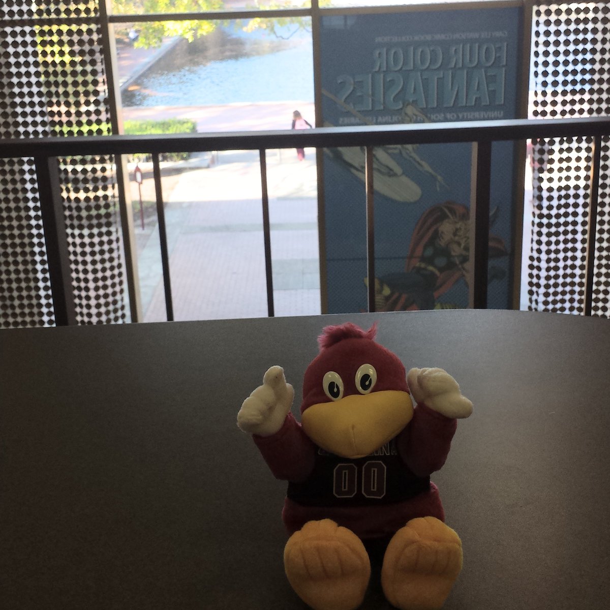 UofSC_TCoop's tweet image. Cocky is just enjoying the view while waiting for his classmates to join him on the #Tcoop Mez to compare notes for next week&apos;s business exam. With all this preparation he is sure to knock it out of the park. You&apos;ve got this, Cocky! #CockysTrekThroughTCoop #UofSC #UofSCStudents