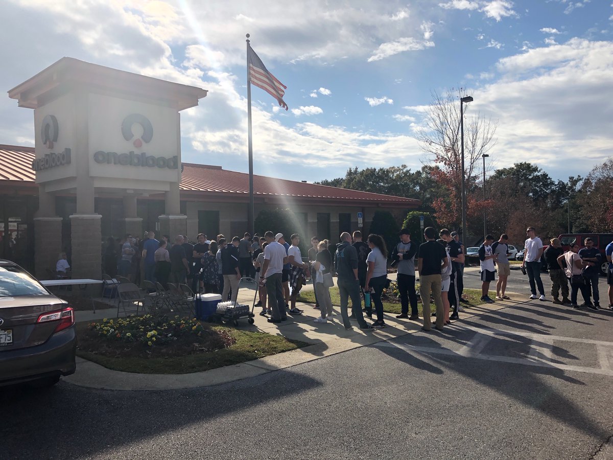 weartv's tweet photo. People are waiting in lines at @my1blood in Escambia County ready to help the victims of today's deadly mass shooting at NAS Pensacola. Details: https://t.co/JJ1fTaKbJD https://t.co/WXRCekXurz