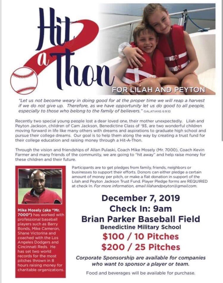 Benedictine Military School A Twitter Join Us Saturday For A Baseball Hit A Thon To Help A Family That Recently Suffered A Tragic Loss Come Have Some Fun Eat Some Great Food And