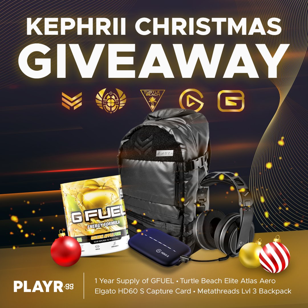 Kephrii's tweet image. Welcome to my Christmas giveaway!

😍 1-Year Supply of @GFuelEnergy
🤑 Lvl 3 Backpack from @MetaThreads
🎦 HD60 S Cap Card from @elgatogaming
🎧 Elite Atlas Aero from @TurtleBeach

💥 ENTER FOR FREE! 💥
playr.gg/PLAYRgg/kephrii