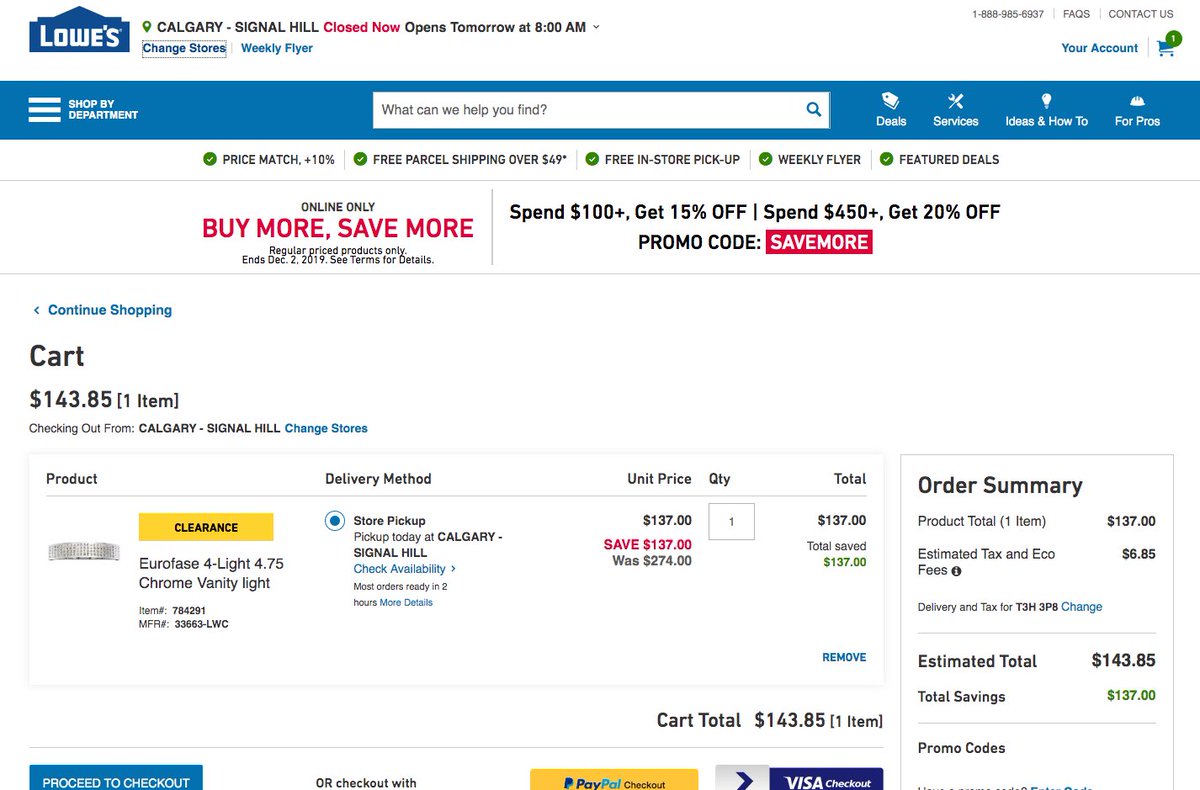 allcaps99's tweet image. Still waiting for a response from 
@Lowes_Canada 
The price of a light jumped in my cart when it went from “out of stock” ($68.97)  in one store, to “in stock” ($143.85)in another store in the same city.  They said they’d respond in 48 hours. It’s been 72 and counting.
Lowe’s?