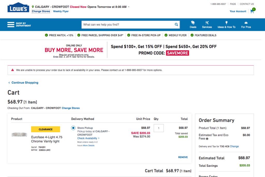 allcaps99's tweet image. Still waiting for a response from 
@Lowes_Canada 
The price of a light jumped in my cart when it went from “out of stock” ($68.97)  in one store, to “in stock” ($143.85)in another store in the same city.  They said they’d respond in 48 hours. It’s been 72 and counting.
Lowe’s?