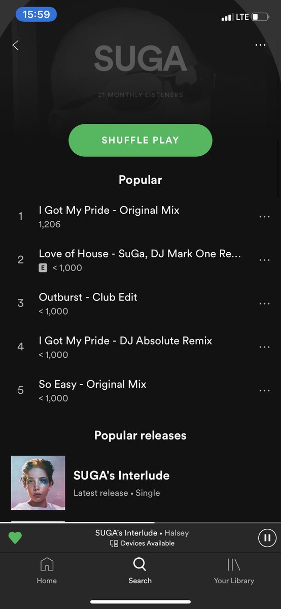 chktae's tweet photo. @Spotify when I look up “SUGA” on the list of artists listed for the song “SUGA’s Interlude” released by Halsey, this artist pops up, who is not Suga by any means. I’m not sure if this is just me, but I’d appreciate if this matter is looked into. https://t.co/VXuzChascj