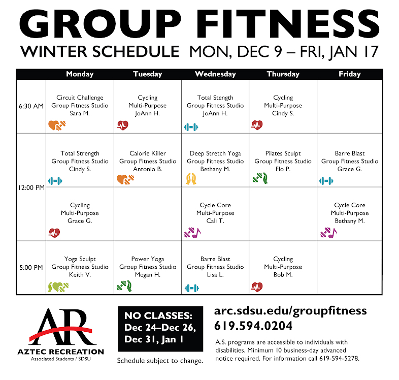 Here is our Winter Group Fitness Schedule👍! Starting on Moday and lasting into winter break, catch your favorite classes at these new times #AztecRec #SDSU