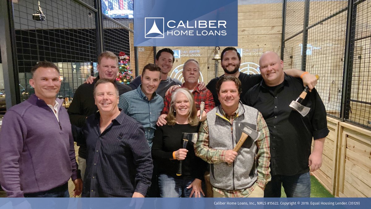 caliberhomeloan's tweet photo. Our Retail leaders chopped it up while in town for the annual end of year meeting this week. ⛏️ 💪 #CaliberRulesRetail #CaliberStrong #axethrowing https://t.co/EE8He9AS41