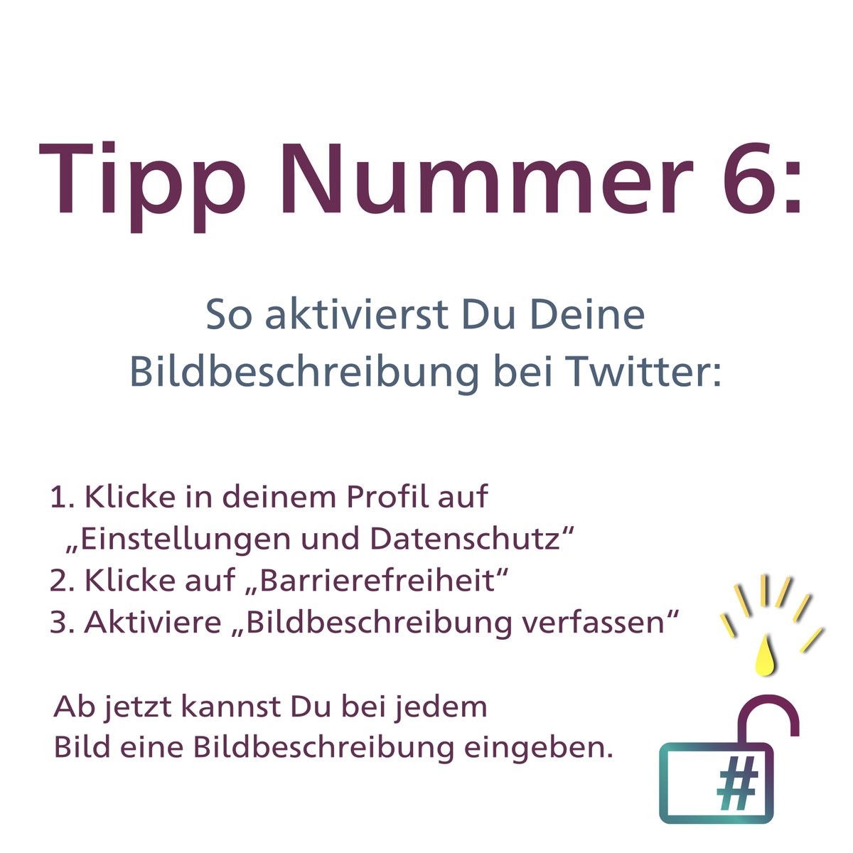 So aktivierst Du Deine #Bildbeschreibung 😃

"Aktivieren"? Ja!
Leider ist die Standard-Einstellung bei @Twitter "KEINE Bildbeschreibung erstellen". Wir finden: 😕

Hi Twitter:
Bitte gib uns doch "Bildbeschreibung aktiviert" als default!

#barrierefreiPosten 🚀