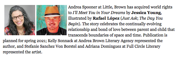 Second big announcement today—<a href="/littlebrown/">Little, Brown and Co</a> has acquired Midsouther Jessica Young's new picture book—I'LL MEET YOU IN YOUR DREAMS illustrated by @rafaellopezart—for spring of 2021. Deal by <a href="/KSonnack/">Kelly Sonnack (like "Sonic")</a> <a href="/AndreaBrownLit/">Andrea Brown Lit</a> and <a href="/VocesBlog/">Adriana Domínguez is not on X</a> @FullCircleLit. A big congrats to <a href="/happybluejess/">Jessica Young</a>!