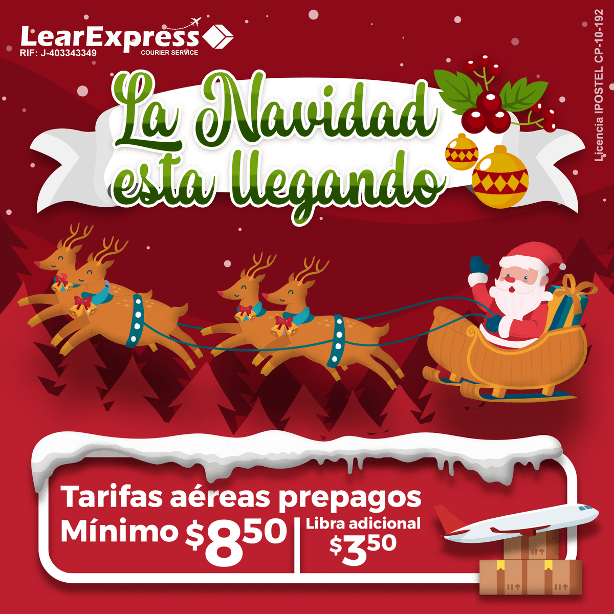 LearExpress_Pa's tweet photo. Aún tienes oportunidad de enviar tus paquetes y recibirlos antes de #Navidad. ¡Aprovecha las tarifas #Prepagos y disfruta de tus regalos #Decembrinos!
 https://t.co/pVCCA0cMcC

#LearExpress #LearTips #Envíos #Miami #Paquetería #Courier #EnvíoMarítimos #Venezuela https://t.co/N7sdemt06D