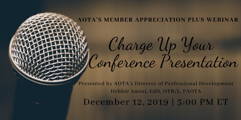 AOTAInc's tweet photo. Presenting at #AOTA20? Register now for this month’s webinar for AOTA members on 12/12 to learn how to charge up your delivery—and earn 1 FREE CE contact hour too!  https://t.co/wTVFROv3oq https://t.co/u48QrEBHoQ