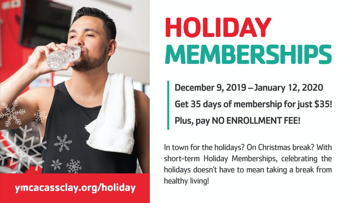 In town for the holidays? With Holiday Memberships, celebrating the holidays doesn’t have to mean taking a break from healthy living!
• Memberships run Dec. 9 – Jan. 12
• Get 35 days of membership for $35!
• Pay NO ENROLLMENT FEE, an extra $50 savings!

ymcacassclay.org/blog/2019/11/2…
