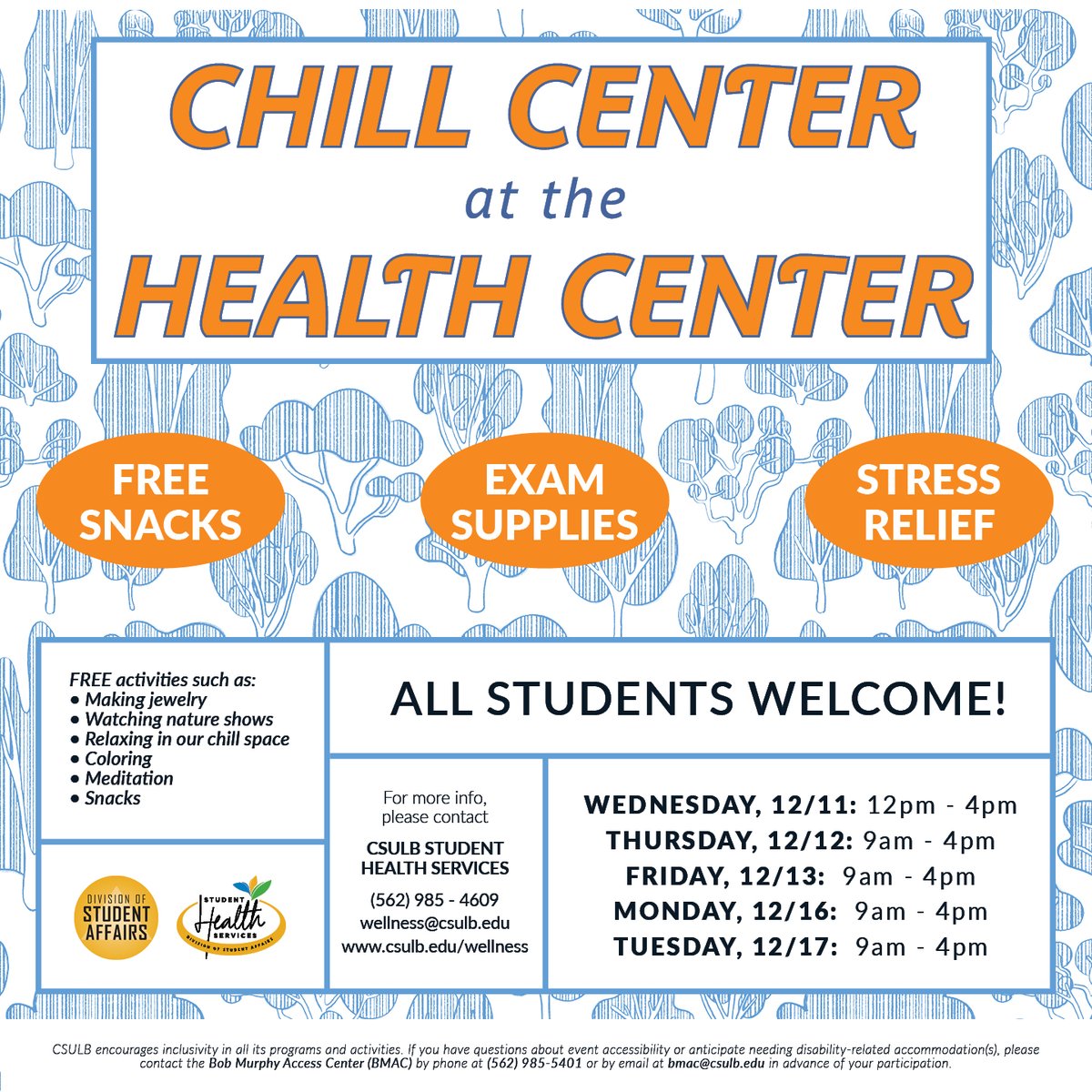 csulbwellness's tweet photo. Stop by  Student Health Services during finals week for FREE snacks, exam supplies, and stress relieving activities (while supplies last). Activities begin 12-11-19 at 12PM and will continue untill 12-17-19 at 4PM. #CSULB #SHS #lbsu #gobeach #finalsweek2019 https://t.co/HxaM82RiC9