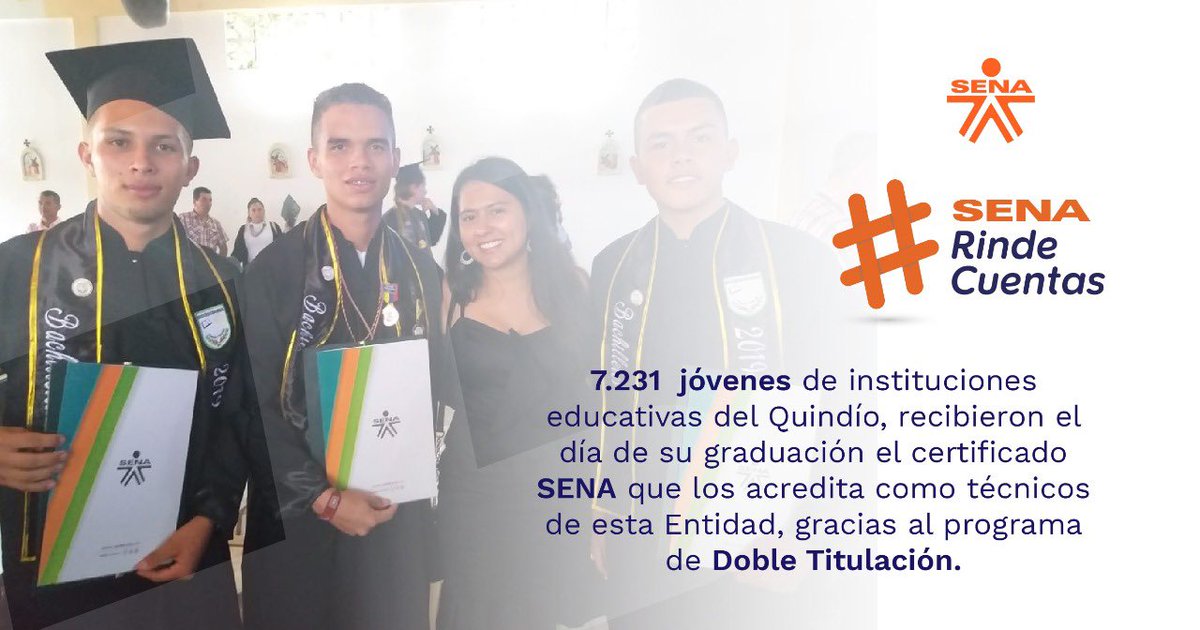 SENAQuindio's tweet photo. #SENARindeCuentas || Más jóvenes quindianos se benefician del programa de Doble Titulación. Entre 2018-2019, 7.231 jóvenes del Quindío recibieron su título de bachiller y técnico. Ellos son parte del programa de #DobleTitulación https://t.co/xrTwORpO8W
