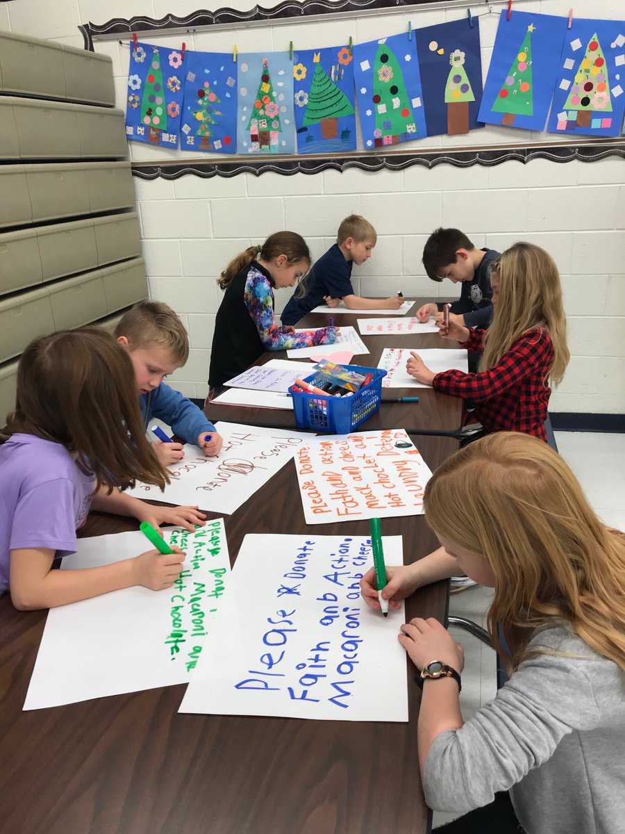 NCESupport's tweet photo. Student Leaders making posters for our service project. We are collecting Mac and Cheese, Hot Chocolate, Chef Boyardee, and Laundry Detergent for Faith and Action @NorthCreekElem https://t.co/xUYH0pKSmd