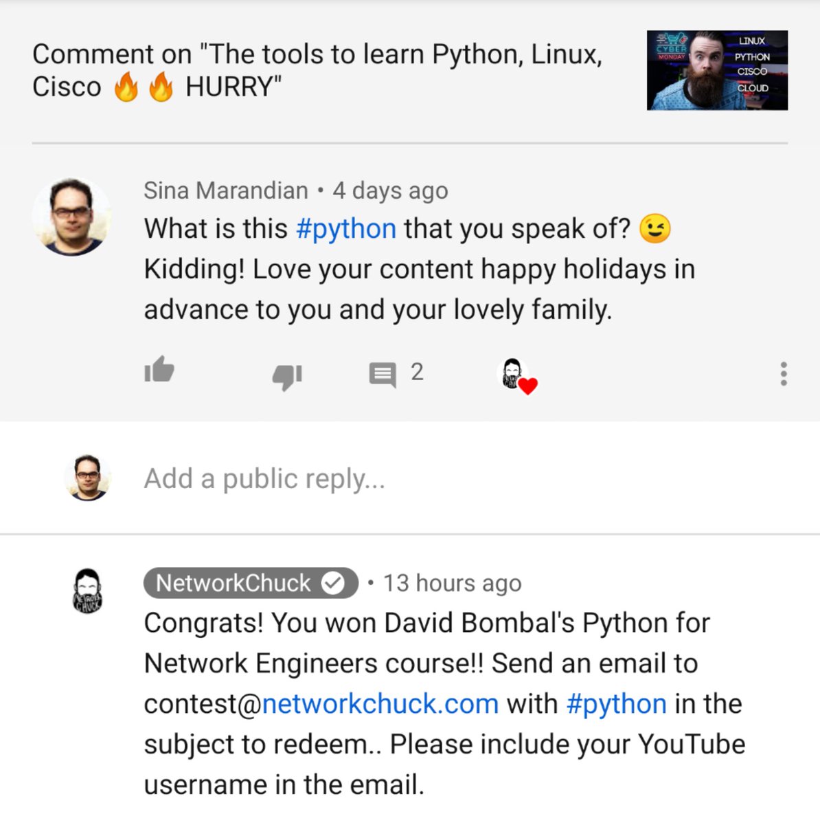 NetworkFella's tweet image. Today, I woke up to THIS! 
Fun time to be a #networkengineer indeed. Now I have absolutely no excuse for not starting a #Python
adventure during Christmas break. 
Thanks heaps @NetworkChuck for the give away! Looking forward to learning, yet again, from OneAndOnly @davidbombal 🙏🏻
