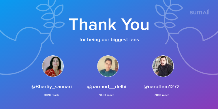 Our biggest fans this week: Bhartiy_sannari, parmod__delhi, narottam1272. Thank you! via sumall.com/thankyou?utm_s…