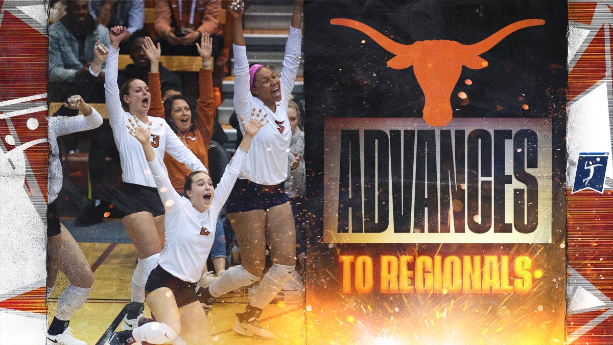 NCAAVolleyball's tweet photo. The Longhorns survive! 

(2) @TexasVolleyball deny USCB's upset bid, overcoming a 2-1 set deficit to win in five sets (25-22, 19-25, 18-25, 25-18, 15-10) and secure a regional at home next weekend.

#NCAAVB https://t.co/IjfCURB24T