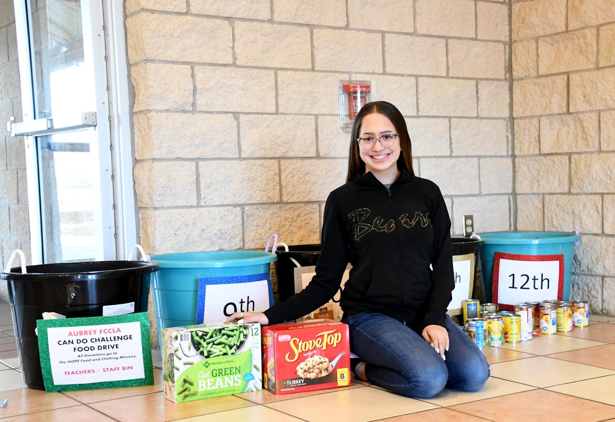 aubreyisd's tweet photo. Another donation is on its way to the HOPE Food and Clothing Ministry in Aubrey. @aubrey_ahs students and staff donated 177 items. Sophomore Jianna Garcia set up the food drive as part of a chapter service project for an FCCLA competition. #InspiringChaps https://t.co/AB38qBOKgF