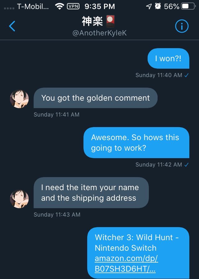 ScamAnnihilator's tweet photo. One of my followers, @weirdvideogamer, wanted #TheWitcher3 for the #NintendoSwitch, so he entered @AnotherKyleK's #GAW. Later, he was told that he was the winner, but Kylek ended up leading him and others on just for fun. @NintendoAmerica #AnotherKylek @CDPROJEKTRED #Nintendo https://t.co/adCZs1INLg