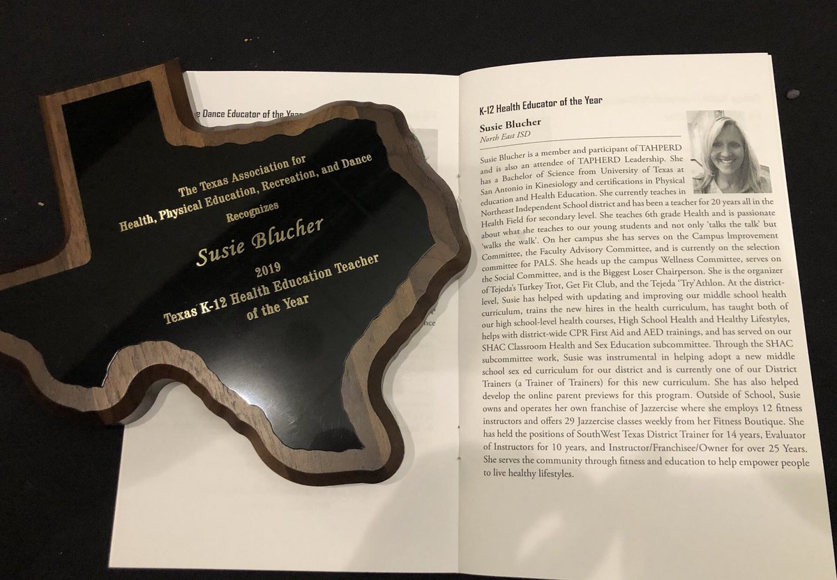 NeisdPE_Health's tweet photo. Our very own Susie Blucher was officially honored tonight with the “Texas K-12 Health Teacher of the Year” award!  Congrats on this well deserved and distinguished honor!  @TexAHPERD @NEISD @TejedatW #theNEISDway #HTOY #newpathways19 https://t.co/5ifmZQmgYi