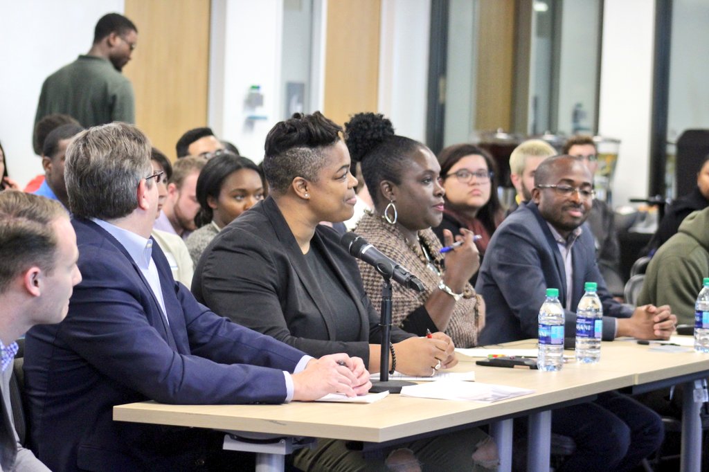 enigsu's tweet photo. Who will win? Only one way to find out! Tonight's #BusinessModelCompetition judging panel includes the esteemed @jaminemoton, @TonyaHicks, Berkley Baker & @BrianZwerner. Stay tuned as they decide who takes home the cake! #ENIGSU #StateStarts https://t.co/POPTJ9UyxY