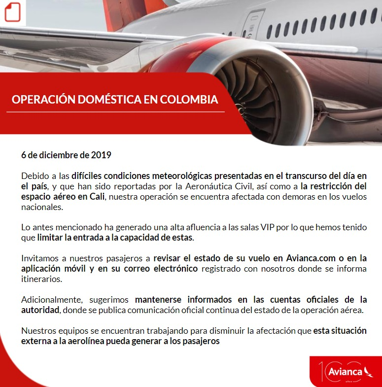 avianca's tweet photo. ATENCIÓN‼ Por condiciones meteorológicas difíciles en el país, nuestra operación presenta una alta afectación. Les pedimos paciencia, tolerancia y respeto por nuestro personal. Tengan presente que para nosotros llevarlos seguros a su destino es nuestra prioridad. https://t.co/qLRs47yQMf