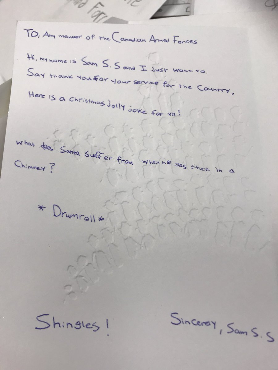 Our letters to Any Member of The a Canadian Armed Forces are in the mail!  The Grade 7s of Room 231 <a href="/TFTitans/">Terry Fox ES</a> are sending holiday greetings, drawings and jokes overseas.