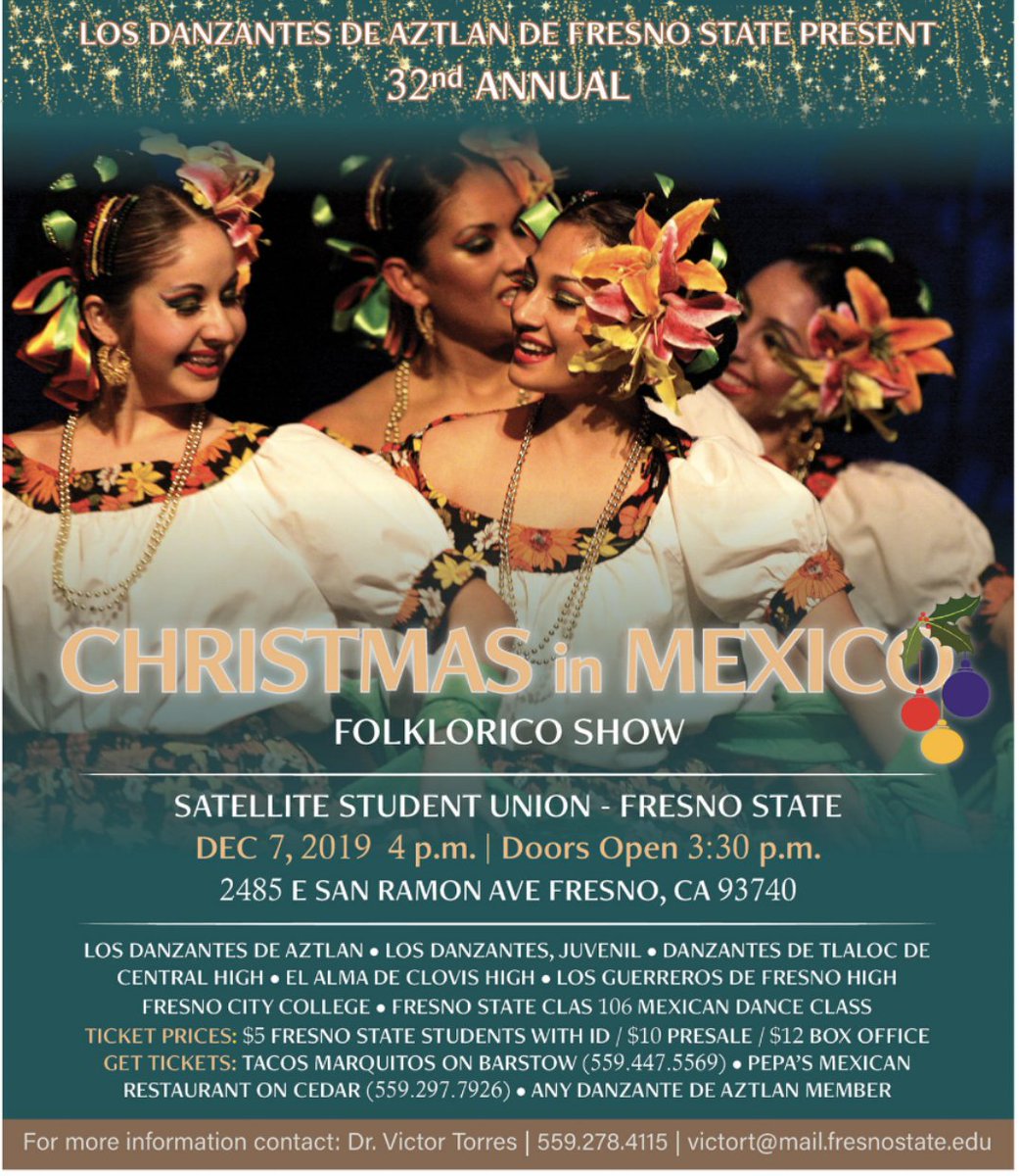Our very own Estrella Inez will be performing at the “Christmas in Mexico” Folklorico Show this Saturday, December 7 at 4 P.M.! Tickets are $5 for <a href="/Fresno_State/">Fresno State</a> students, $10 Presale, and $12 box office, so come out to support Estrella and <a href="/DanzantesAztlan/">Los Danzantes de Aztlán</a> !!