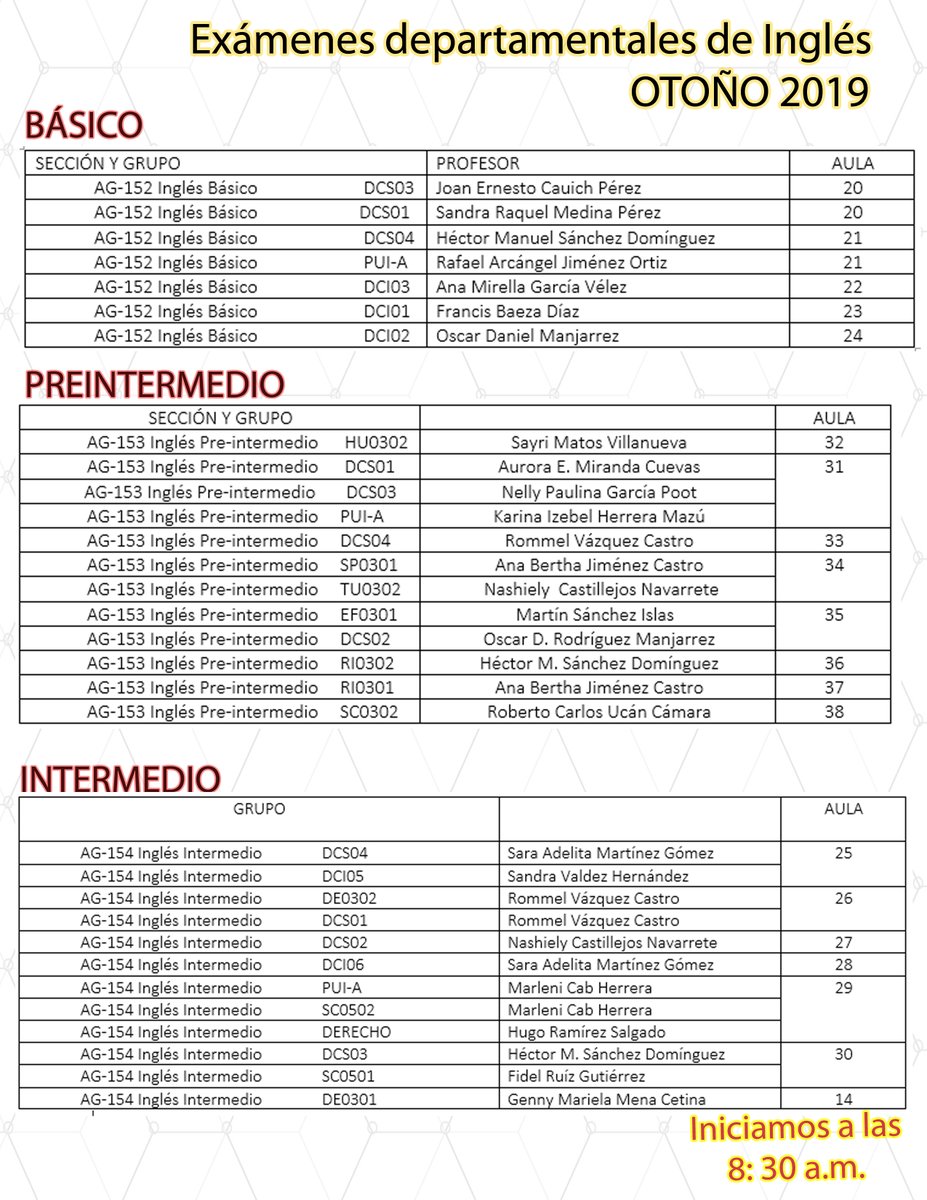 ¿Presentas examen departamental de Asignaturas Generales de Inglés este sábado 7 de diciembre? Puedes verificar aquí el aula que corresponde a tu sección. Recuerda estar ahí a las 8:30 A.M. y traer contigo identificación con fotografía, lápiz y borrador. 
¡Éxito! #CEI #UQROO2019