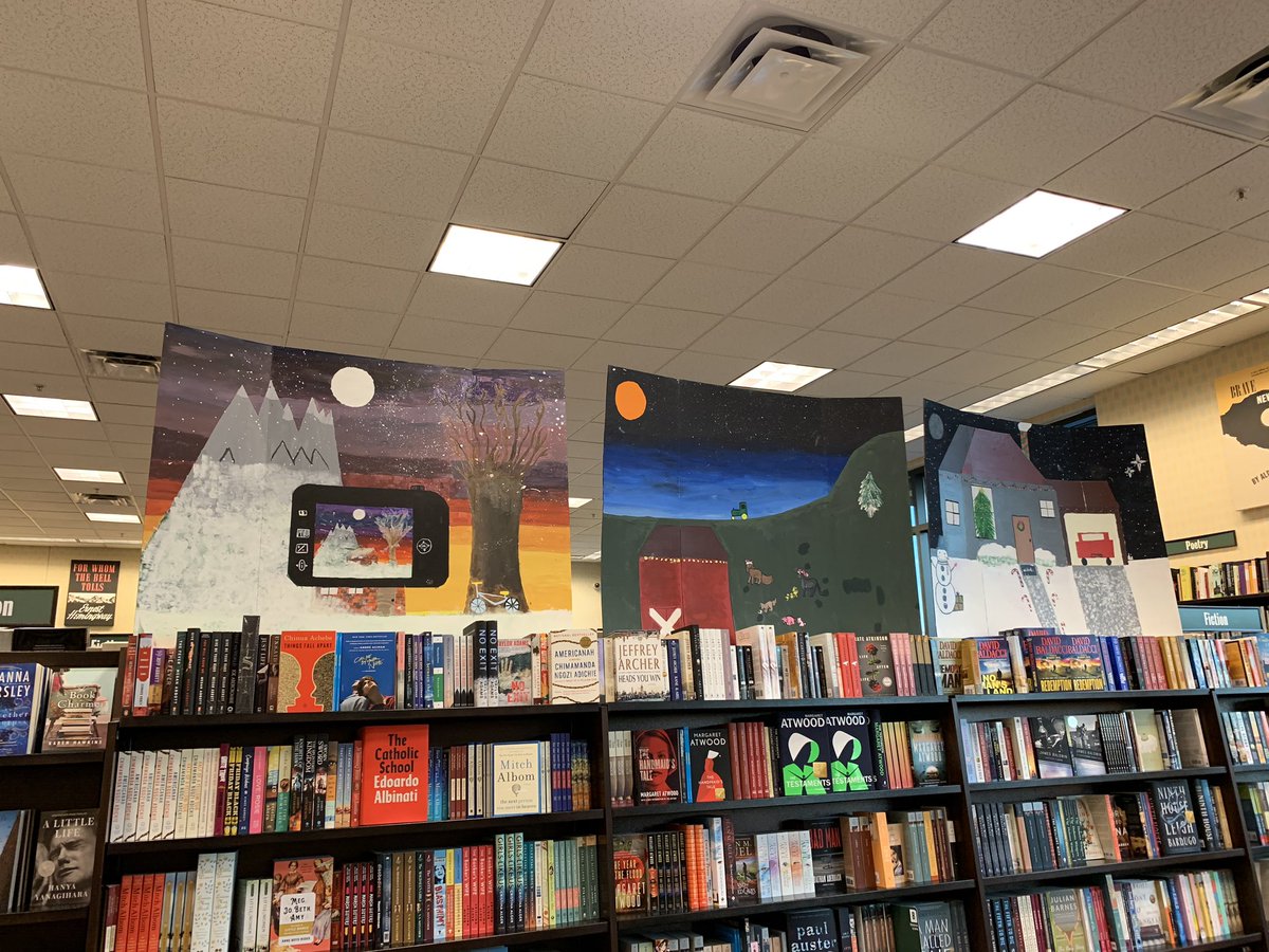 ms_ding's tweet photo. Set up Middle school art work in  Barnes and Noble annual book fair.@chandelart @HISDFineArt @PollockLindsey @garden_hisd https://t.co/hDfv38x4mz