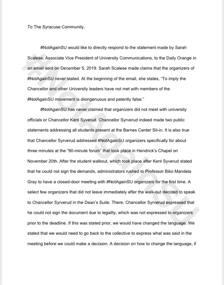 notagain_su's tweet photo. #NotAgainSU would like to directly respond to the statement made by Sarah Scalese, Associate Vice President of University Communications, to the Daily Orange. We stated that we met with Chancellor Syrverud, but we DID NOT reach an agreement on revisions. Read our full response. https://t.co/Q2yywrrNlC