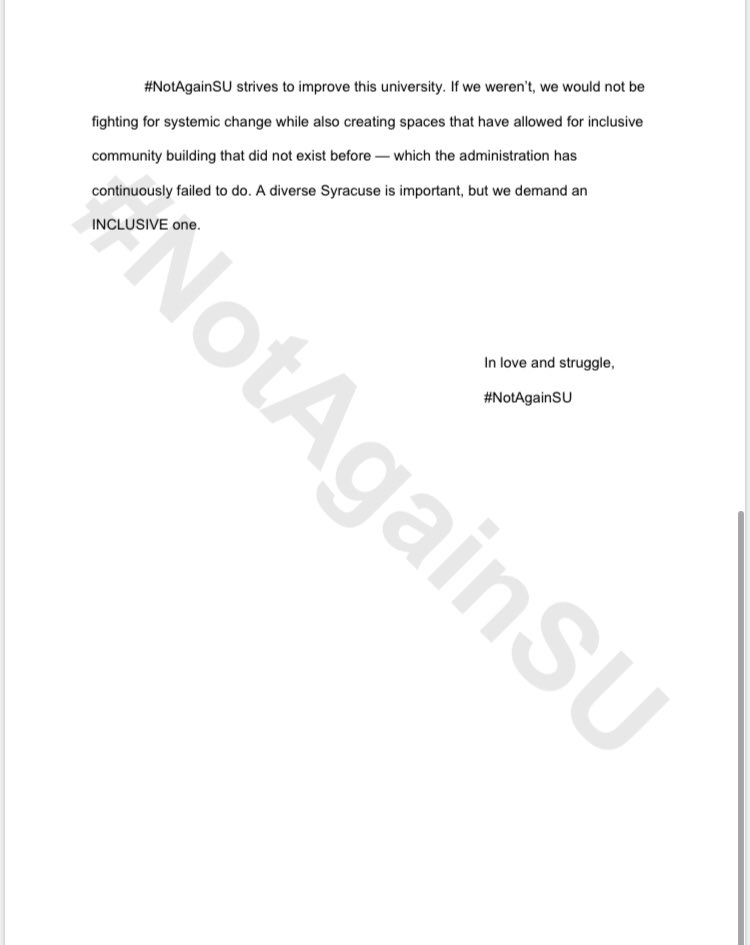 notagain_su's tweet photo. #NotAgainSU would like to directly respond to the statement made by Sarah Scalese, Associate Vice President of University Communications, to the Daily Orange. We stated that we met with Chancellor Syrverud, but we DID NOT reach an agreement on revisions. Read our full response. https://t.co/Q2yywrrNlC