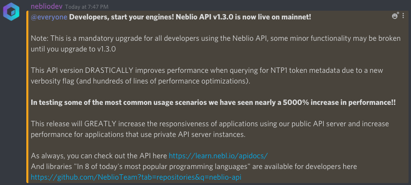 StakingStocks's tweet photo. Neblio API v1.3.0 is live with HUGE (5000%!!) performance increases for developers! Check out the API documentation here https://t.co/o1vkxzoTko and try out the new API Libraries in all 8 programming languages! https://t.co/SoN0wcrxru