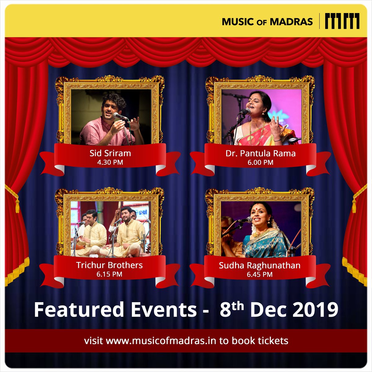 musicofmadras's tweet image. Dear Rasikas!
Presenting you the featured events for 8th Dec 2019!
Kindly block your seats for your favourite artists by visiting musicofmadras.in
#FeaturedEvents #8thDec #MusicOfMadras #MarghazhiSeason #DecemberSeason2019 #CarnaticMusic