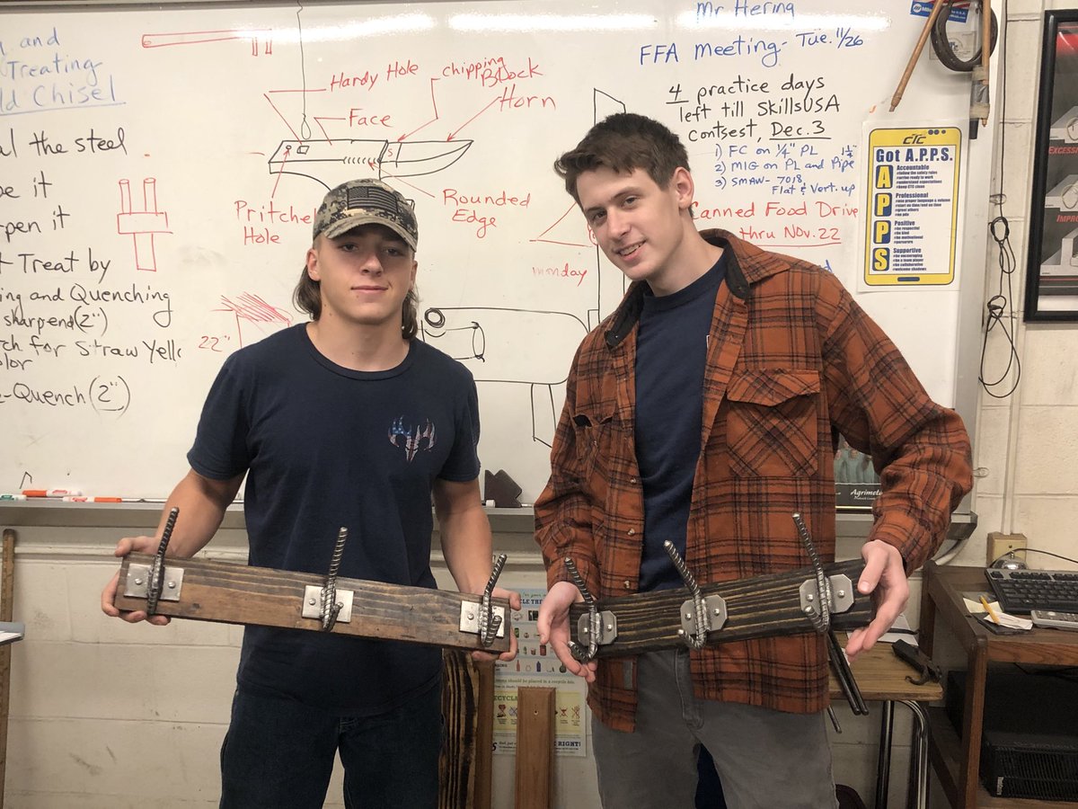 Rustic coat racks were a hit among first year welding students. Next up, cold chisels and tool gauges