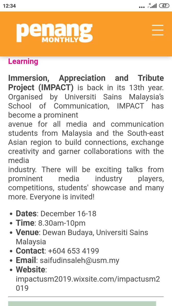 impactusm2019's tweet photo. Thank you Penang Monthly for featuring IMPACT in their Events section for the December 2019 issue. We truly can't wait to see everyone this coming 16 - 18 December 2019.

#impact19usm 
#yourideasyourtriumph
#CommSchoolRocks https://t.co/9Wp0XceO3e