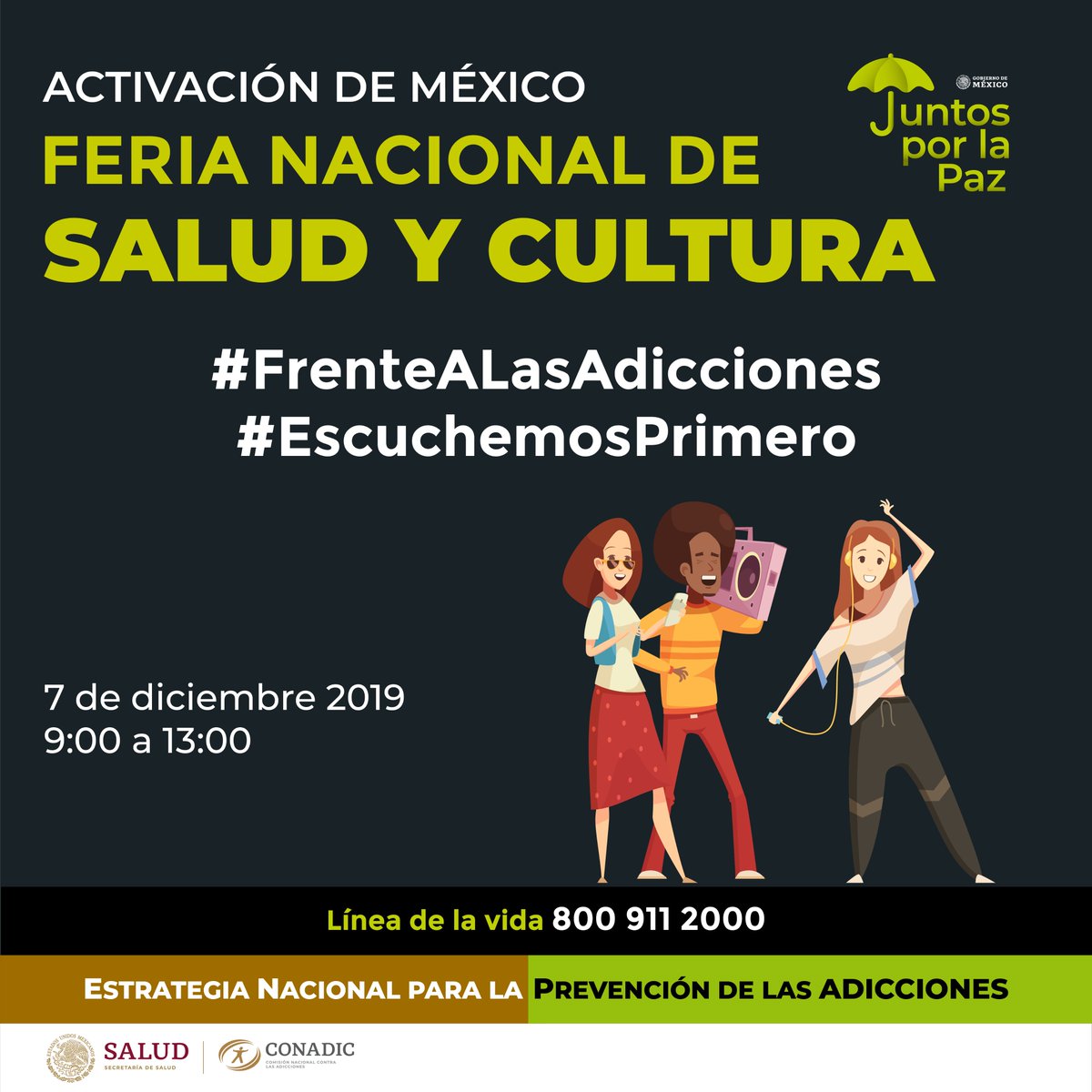 juntosxlapazmx's tweet photo. Súmate a la Feria Nacional de Salud y Cultura, haz #FrenteALasAdicciones a través del diálogo y la reflexión.
¡Te queremos escuchar!  #EscuchemosPrimero 🙋🏻‍♀️🙋🏻

▪️ Estrategia Nacional para la Prevención de las Adicciones https://t.co/s9XH3dHmkQ