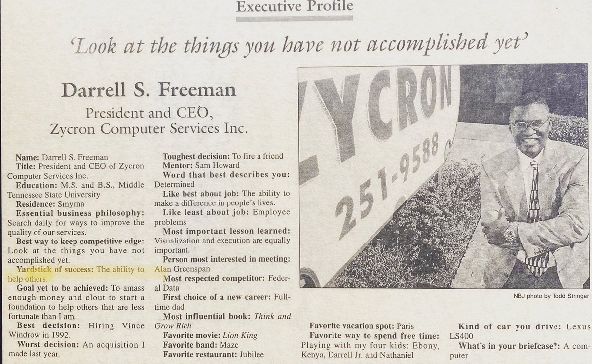 Darrell S. Freeman (@darrellsfreeman) on Twitter photo Executive Profile 1999. 
My “Why” was never to be rich. My “Why” was to position myself to help others.  The pursuit of money and fame for the sake of the two is bankrupt. Our “Why” must be bigger than us.  INstagram:Darrellsfreemansr Executive Profile 1999. 
My “Why” was never to be rich. My “Why” was to position myself to help others.  The pursuit of money and fame for the sake of the two is bankrupt. Our “Why” must be bigger than us.  INstagram:Darrellsfreemansr