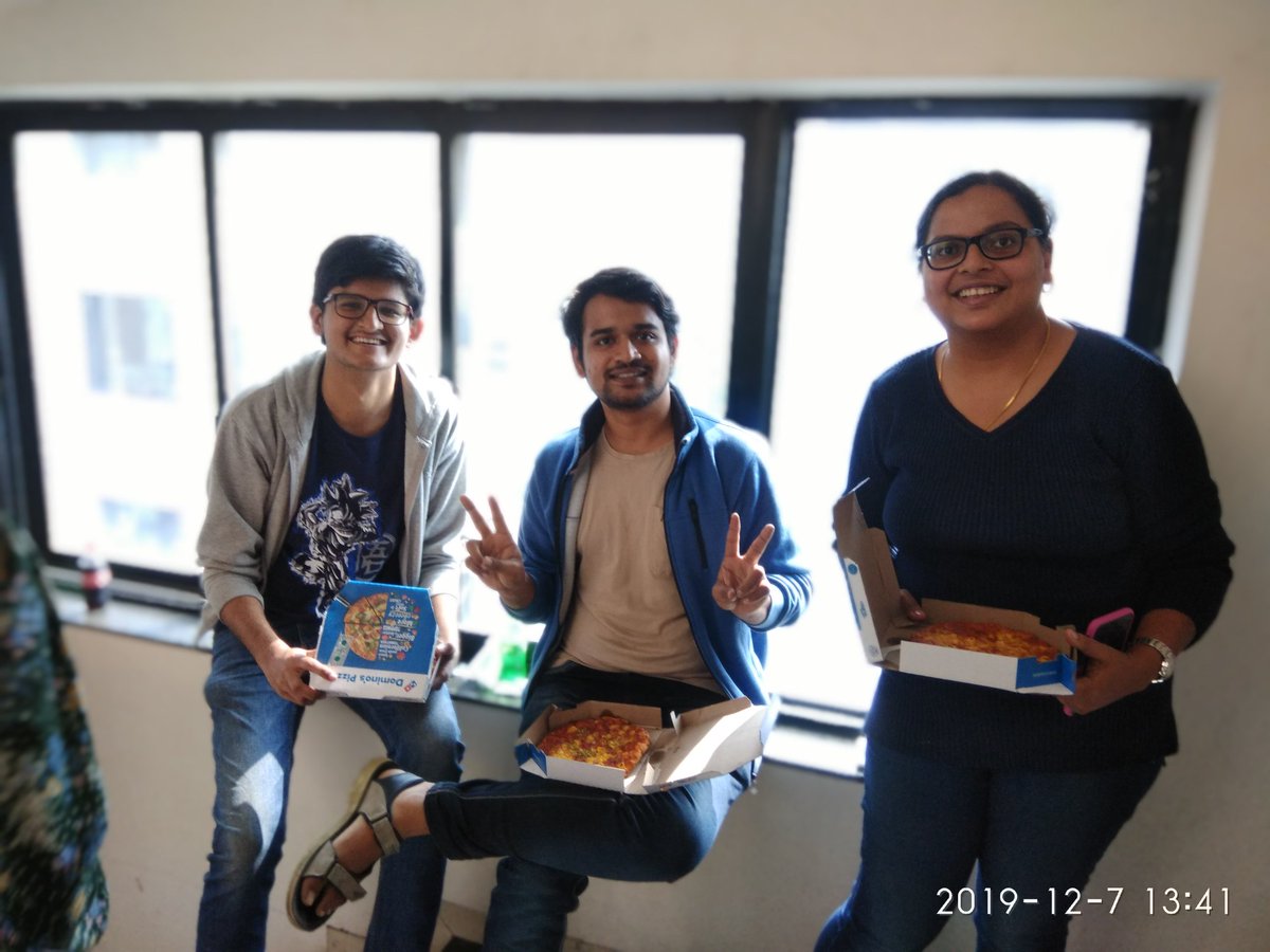 ReshikeshD's tweet photo. Its pizza time 😋😋😋
Had lot of fun now we gotta feed our stomach for more fun to come
Easy peasy work with pizza on the desk😍
#mlhpune2019
#LocalHackDay 
@MLHacks 
#git
#fdcpune https://t.co/UiuZeou6f0