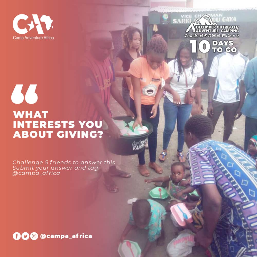 Giving is to present voluntarily and without expecting compensation or anything in return. That is what we @CampA_Africa is about.

What interests you about giving?

Register: caainfluence.org/dec19

#CAAinfluence
#CAAeffect
#Adventure #Christmas #love #mountain #BBCDebate