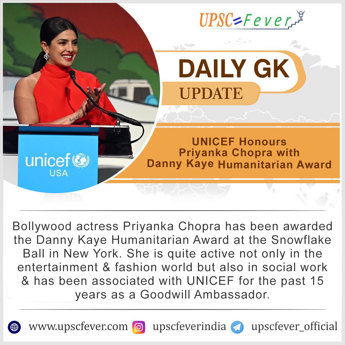 'Giving Back is No longer a Choice. Giving Back has to be a Way of Life'
#PriyankaChopra said after accepting the #DannyKayeAward

@upscfever 

#upscfever #UNICEF #DannyKayeAward #HumanitarianAward #UnitedNationsChildrensFund #GoodwillAmbassador #gkupdate #currentaffairs #dailygk