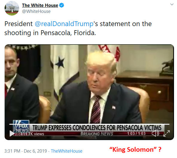 If he does indeed say Solomon, its connects some very important things that have to do with the G0ld, Reagan and gl0bal reset. https://twitter.com/WhiteHouse/status/1203049424093679616