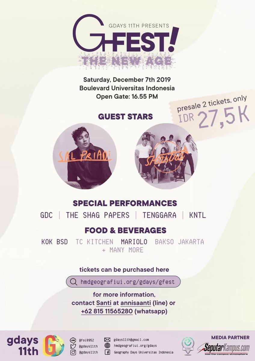 [THE NEW AGE IS COMING!]
Department of Geography Universitas Indonesia presents G-FEST 2019 as the closing night of Geography Days 11th.

Saturday, 7th December 2019
at Boulevard UI
Open Gate : 16.55

More info:
+62 81511565280 (WA)
@gdays11th

#RoadtoGFEST2019
#gdays11th