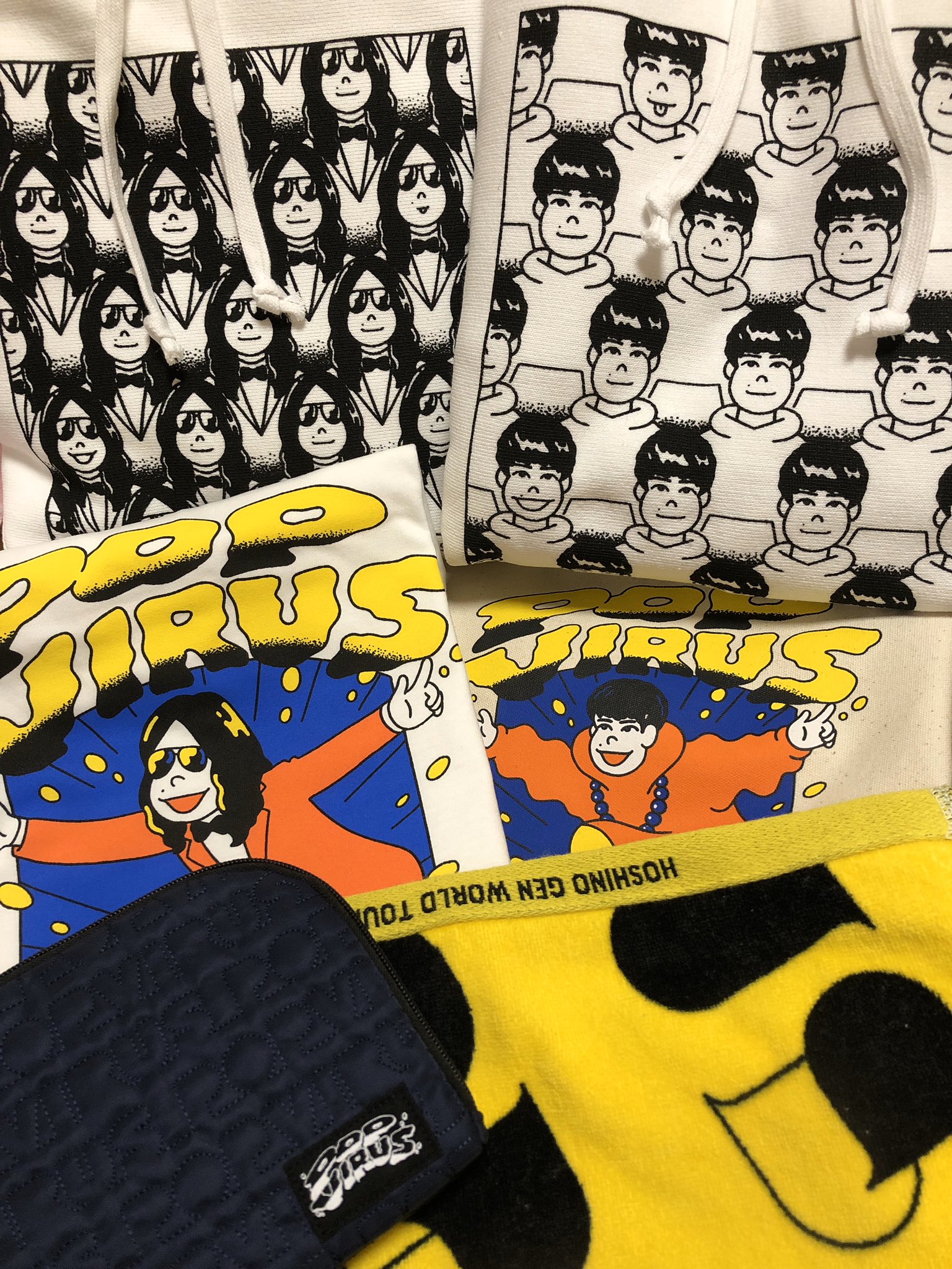 ちゃんぼ きた きた きた イラストも色合いも どんぴしゃで好み過ぎて 昨晩からぐへへへへとにんまりしています 星野源 ニセさん Popvirusworldtourグッズ Junoson フーディー パーカー Tシャツ タオル トートバッグ ショルダーケース