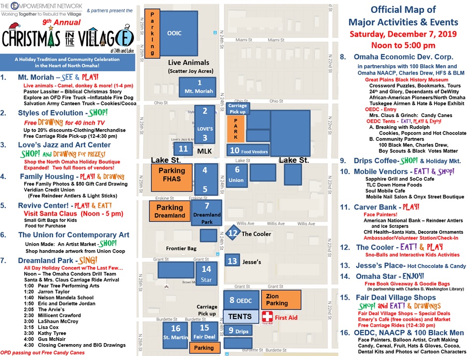 Official Map for Christmas in the Village at 24th and Lake!  Saturday, December 7, 2019   Noon to 5 pm