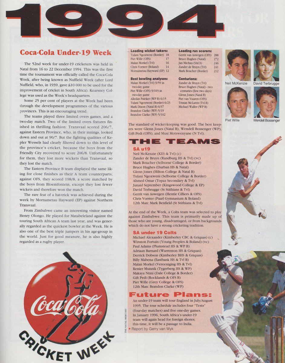 NamU19CWC's tweet photo. The 1994 Coca-Cola Cricket Week was held at Kearsney College, Durban

Free State B in for NTvl B. Format changed to 3 limited overs matches &amp; a 2-day match

@PierredeBruyn2 (66, 3/28) @BoetaDippenaar (63, 39)
@markb46 (62, 83, 44 &amp; 25 for SA U19s vs Natal)
M Ntini (4/46, 3/20) https://t.co/MDRooEuiTK