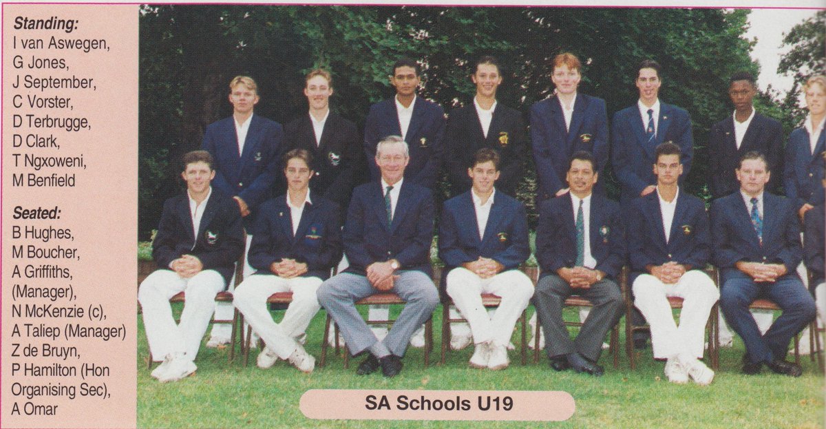 NamU19CWC's tweet photo. The 1994 Coca-Cola Cricket Week was held at Kearsney College, Durban

Free State B in for NTvl B. Format changed to 3 limited overs matches &amp; a 2-day match

@PierredeBruyn2 (66, 3/28) @BoetaDippenaar (63, 39)
@markb46 (62, 83, 44 &amp; 25 for SA U19s vs Natal)
M Ntini (4/46, 3/20) https://t.co/MDRooEuiTK